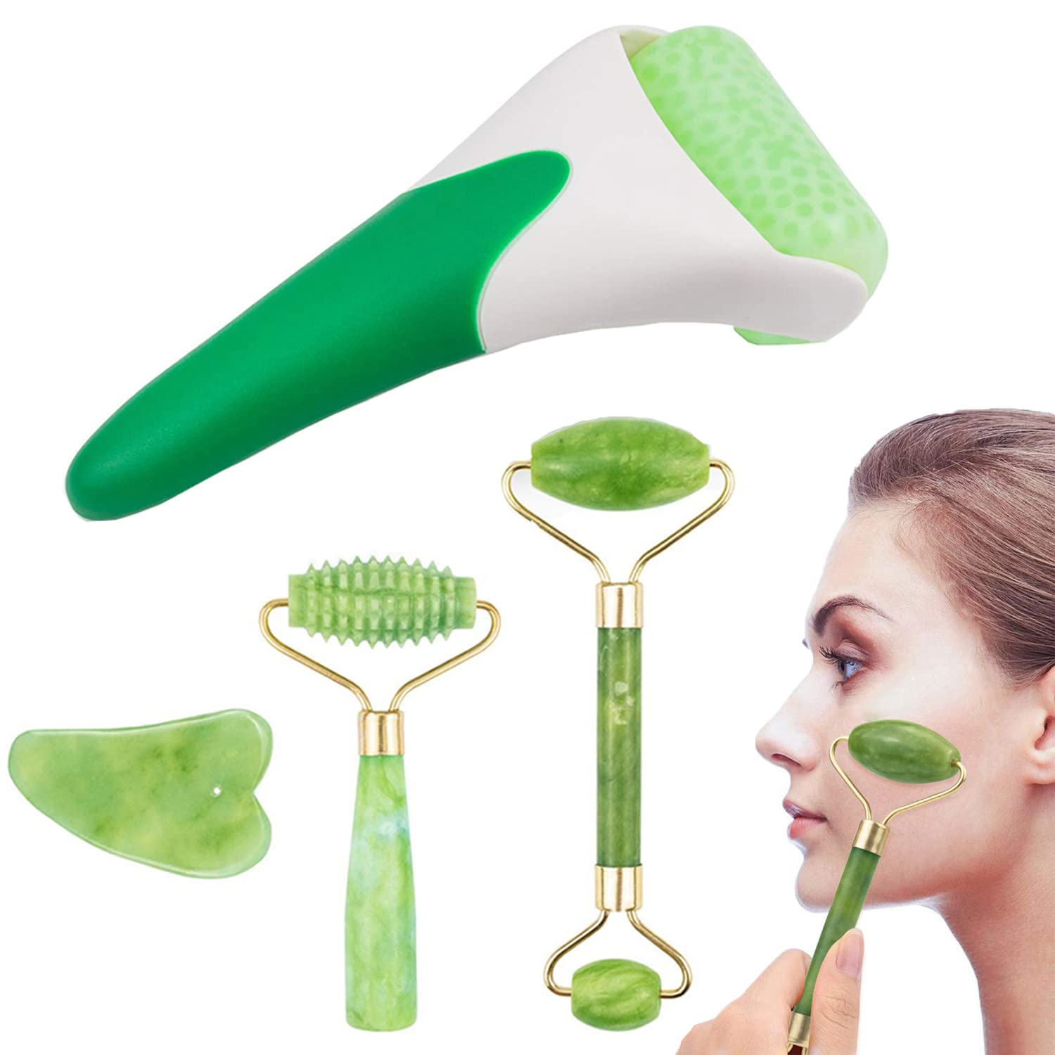 Jade Roller Massage Gua Sha Facial Tools Set, Gua Sha Massage Tool for Face and Full Body, Wrinkles Anti-Aging and Eye Puffiness, Keeping Youthful Skin Tone (4 Pack）