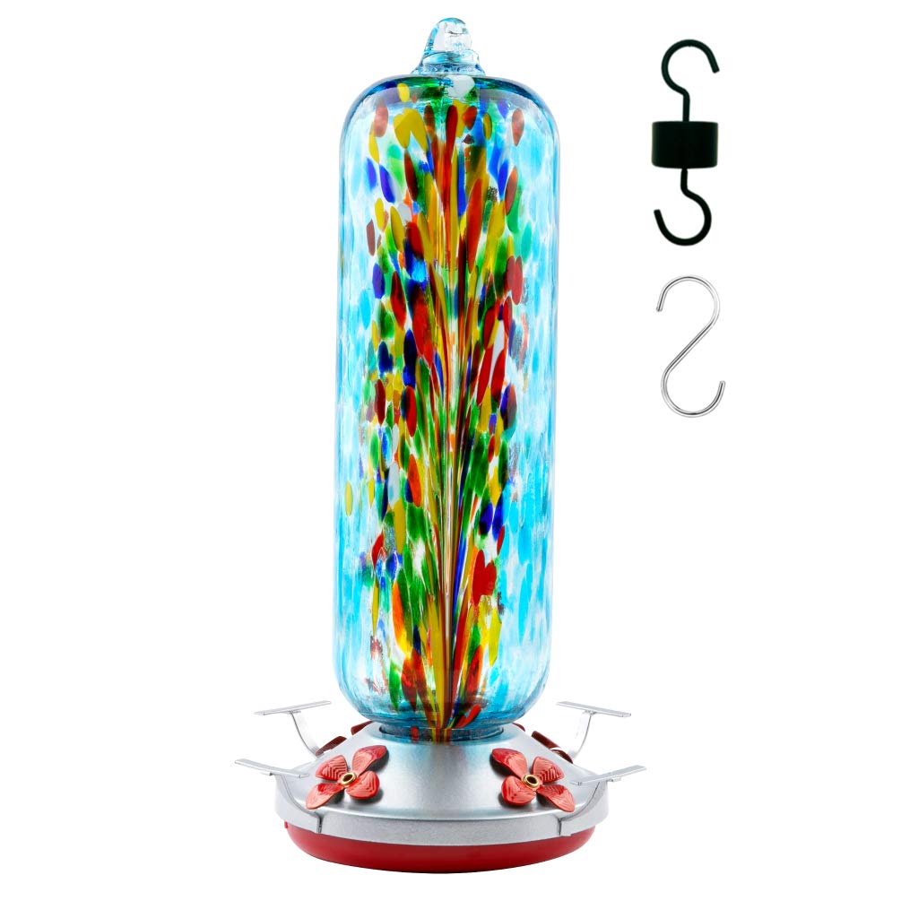 Solar Hummingbird Feeder for Outdoors Hanging Patio Designed 32 Ounces Colorful Hand Blown Glass Hummingbird Feeder 5 Feeding Ports with Perch Never Leak (Red)