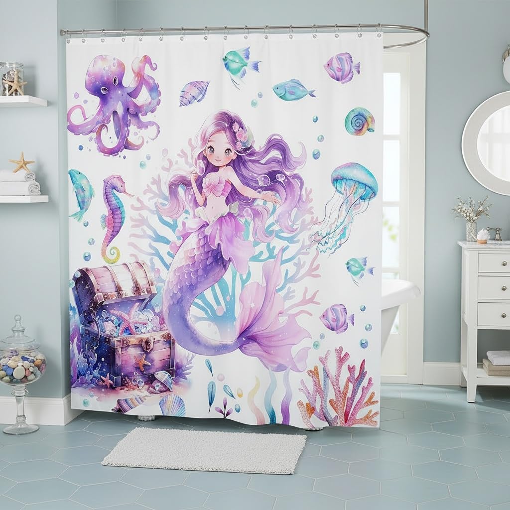 Rideau de douche sirène imperméable en tissu épais avec 12 œillets
