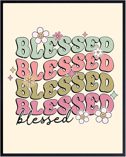 Blessed Wall Art for Girls - Religious Quotes Wall Decor for Teen Girls - Happy Home Decor, 60s 70s Retro Room Art, Religious Picture, Boho Home