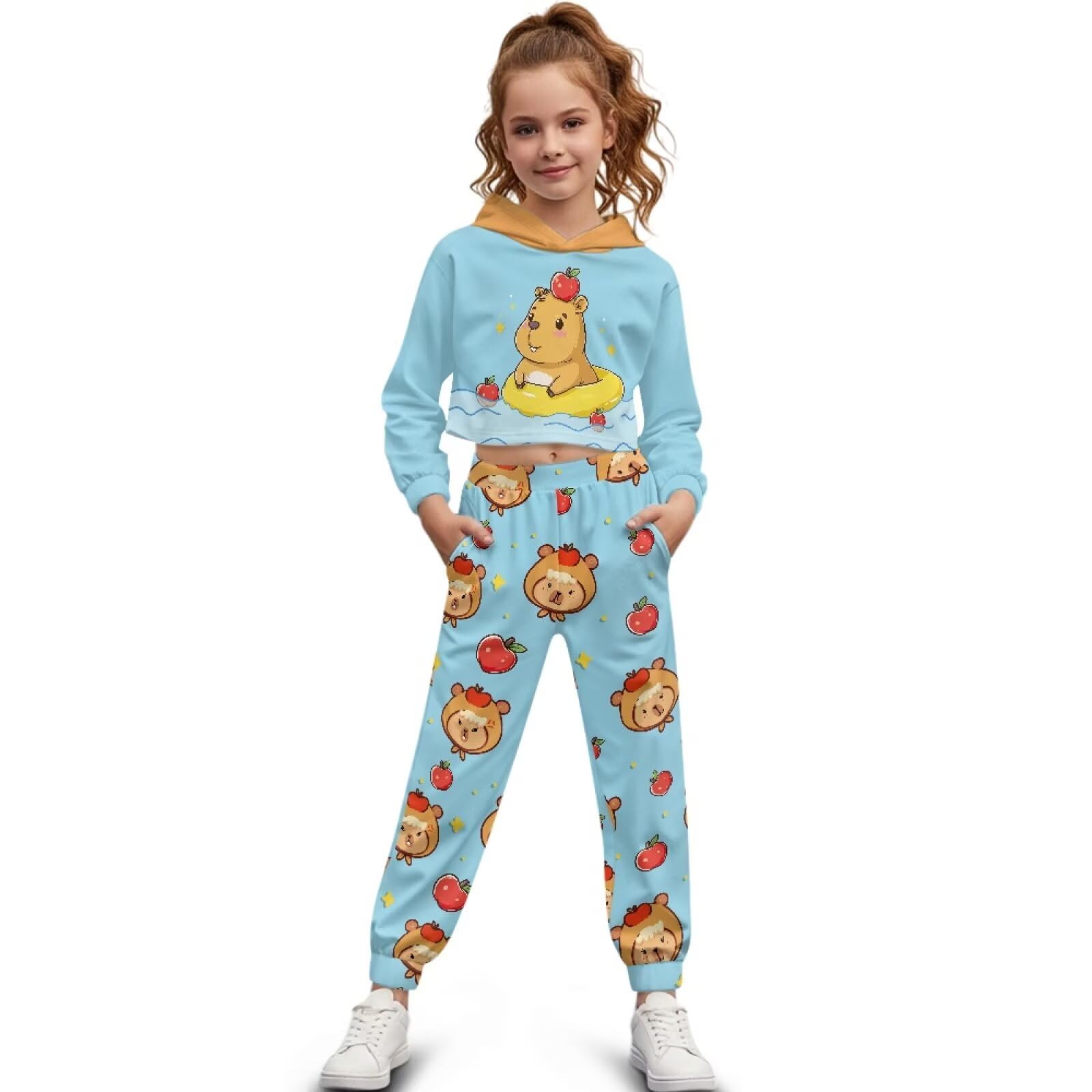 Tuta attiva da ragazza 2 pezzi con felpa e pantaloni Set tuta da ragazza Set di abbigliamento per bambini Crop con cappuccio