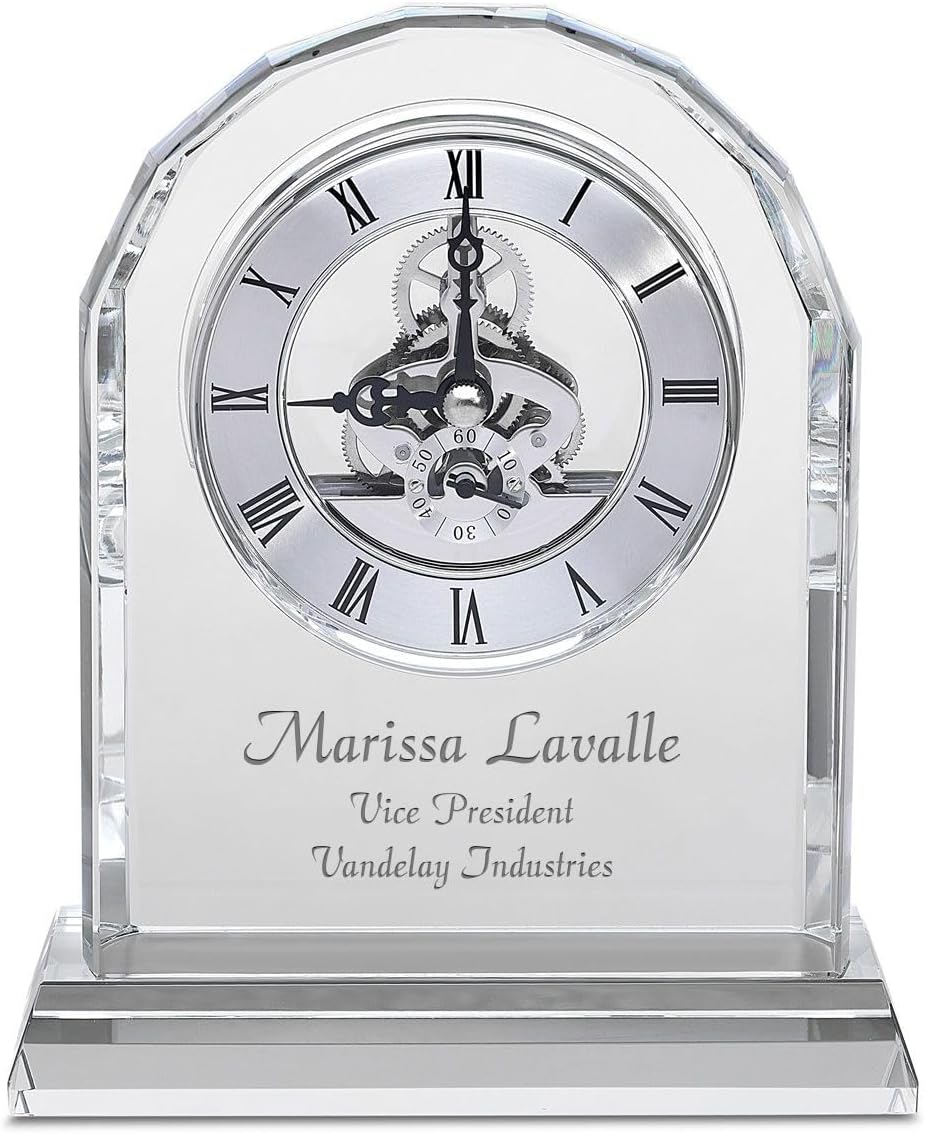 Executive Gift Shoppe | Custom Engraved Solid Crystal Personalized Quartz Clock with Arched Top