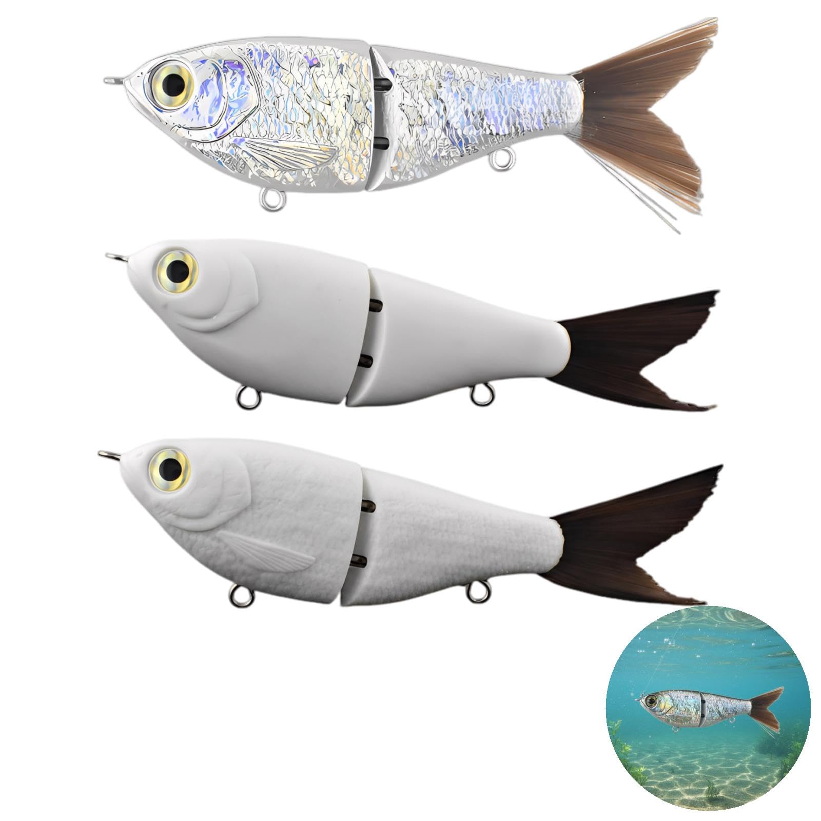 Lot de 3 leurres de pêche articulés, swimbait segmenté de 120 mm, Queue en Fourrure, Motifs ondulés imprimés à Chaud, pour Bar, Truite, Saumon, Corps Rigide en ABS pour pêche en mer