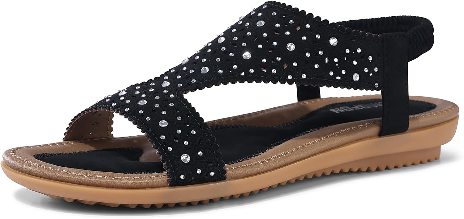 TEMOFON Flat Sandals for Women Dressy: Summer Open Toe Elastic Ankle Strap Sandals Woman – Comfortable Walking Wide Non Slip Flats