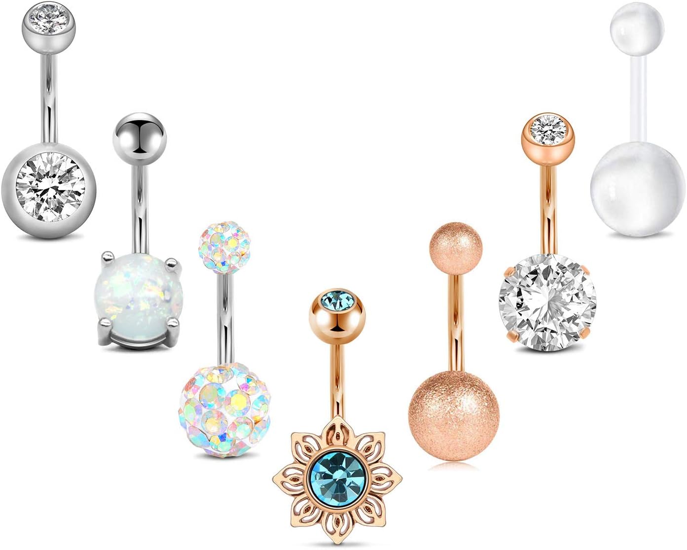 FECTAS 14g Belly Button Rings Surgical Steel CZ with Retainers Navel Ring Barbell for Women Body Piercing Jewelry Rose Gold Silver