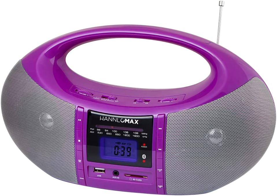 HANNLOMAX HX-506R Portable AM/FM Radio, Bluetooth, USB/SD Slot for MP3 Playback, Aux-in, AC/DC Dual Power Source. (Purple)