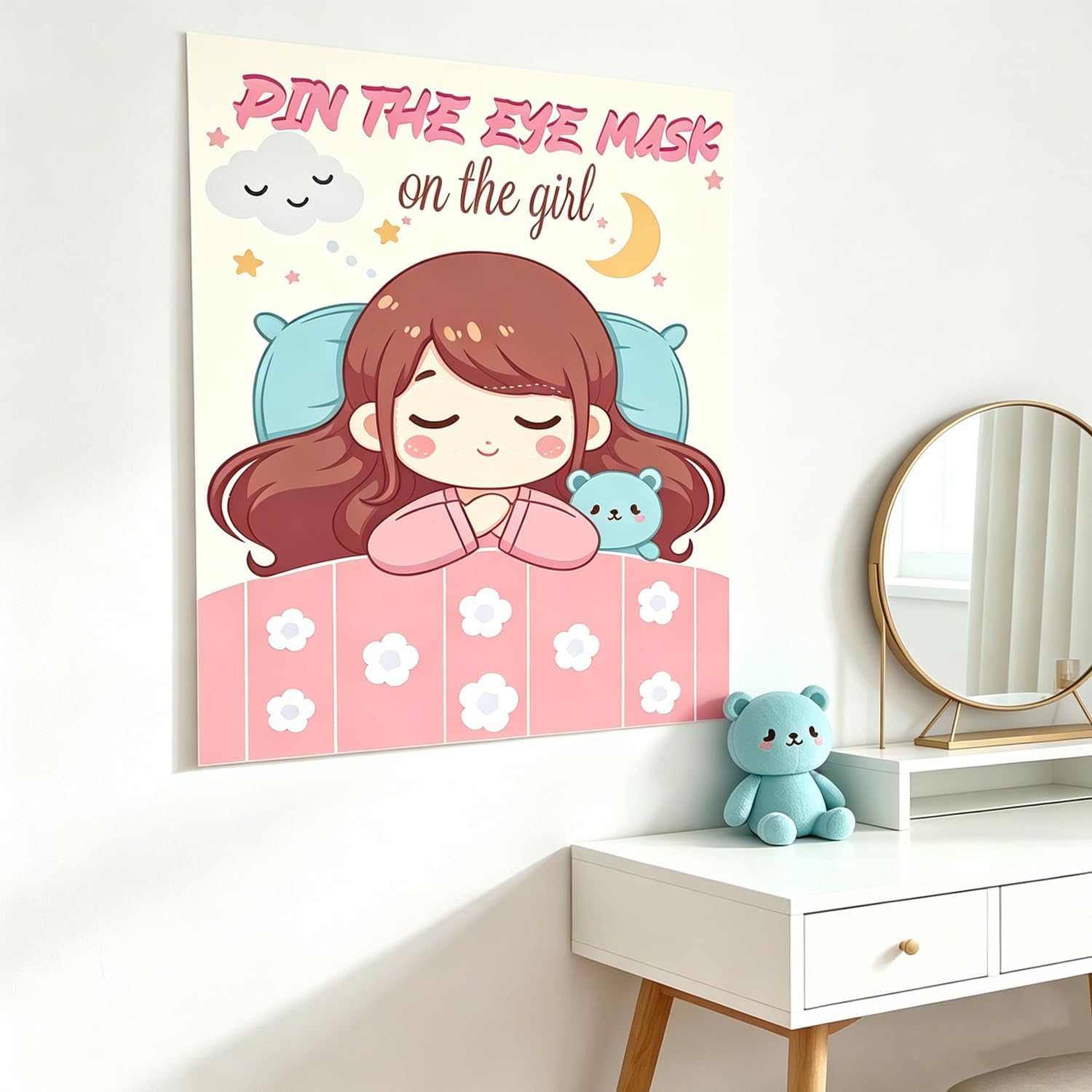 Pin the Blindfold on the Girl Game, 28Pcs Pink White Slumber Sleepover Party Poster with Stickers, Pajama Party Game Decor for Girls