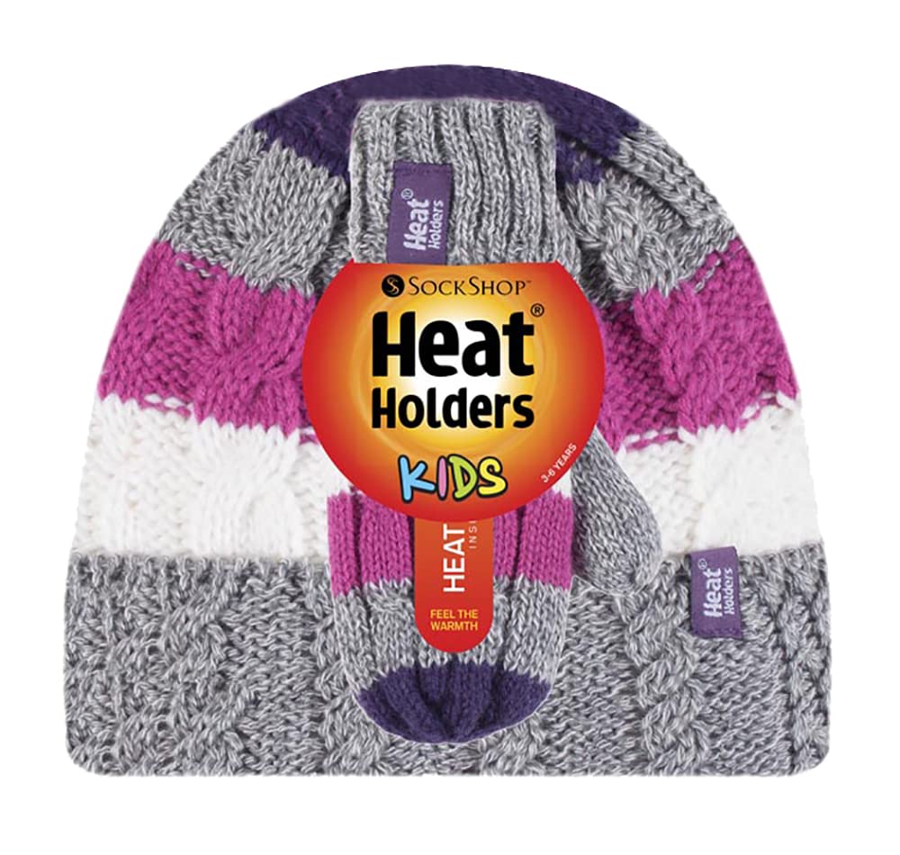 Heat Holders - Girls Winter Insulated Warm Ski Beanie Pompom Hat and Mittens Set (3-6 Years, PP1P12)