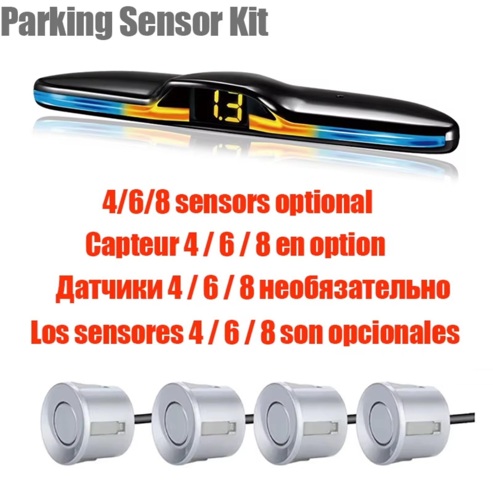 Sensor Estacionamiento Kit Sensor Estacionamiento Con Radar De Pantalla LED Retroiluminado Parktronic Asistente Detección Monitor Marcha Atrás Sensor Radar 4/6/8 Sensores Aparcamiento Coche(Silver sen
