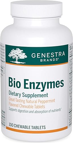 Genestra Brands Bio Enzymes | Fórmula completa de enzimas digestivas en tabletas masticables | 100 tabletas masticables | Sabor natural a menta