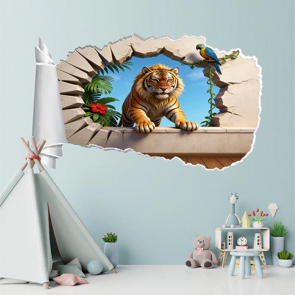 Pegatinas de decoración de pared 3D Tigre Pegatinas De Pared Calcomanías Murales De Pared Rotas 3D Loro De Flores Vinilo De Pared Arte Hogar Decoración De Pared