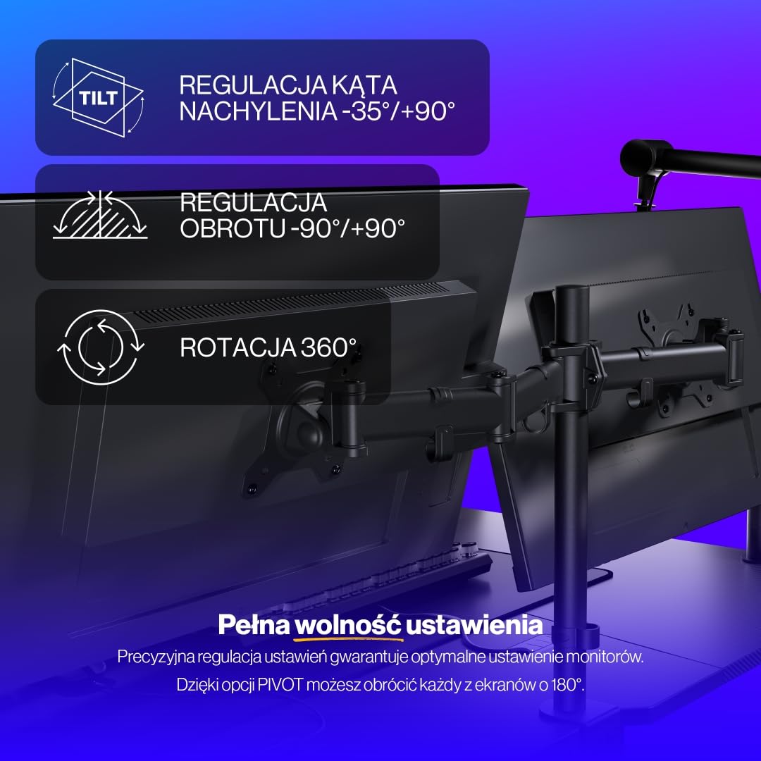 ENDORFY Atlas Double, wytrzymały uchwyt na dwa monitory do 27 cali każdy, łatwy montaż | EY8F003