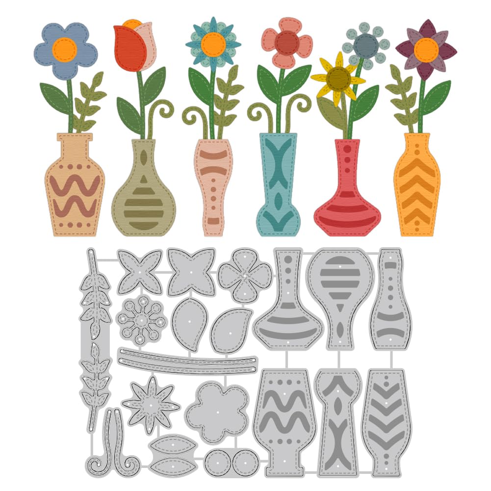 DELORIGIN Bohemian Flowers Vases Cutting Dies Potted Plants Greeting Card Making Die Cut Carbon Steel Die Cuts Stencils Blessing Card Scrapbooking Embossing Template Dies for Wedding Card Album Decor