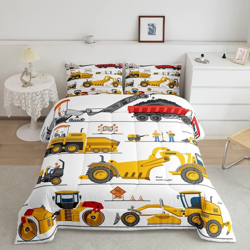 Feelyou Excavator Bedding Set Construction Vehicles Comforter Set Equipment Trucks Comforter for Boys Girls Teens Decor Yellow White Duvet Set King Size with 2 Pillow Case Boys Multi 28 King