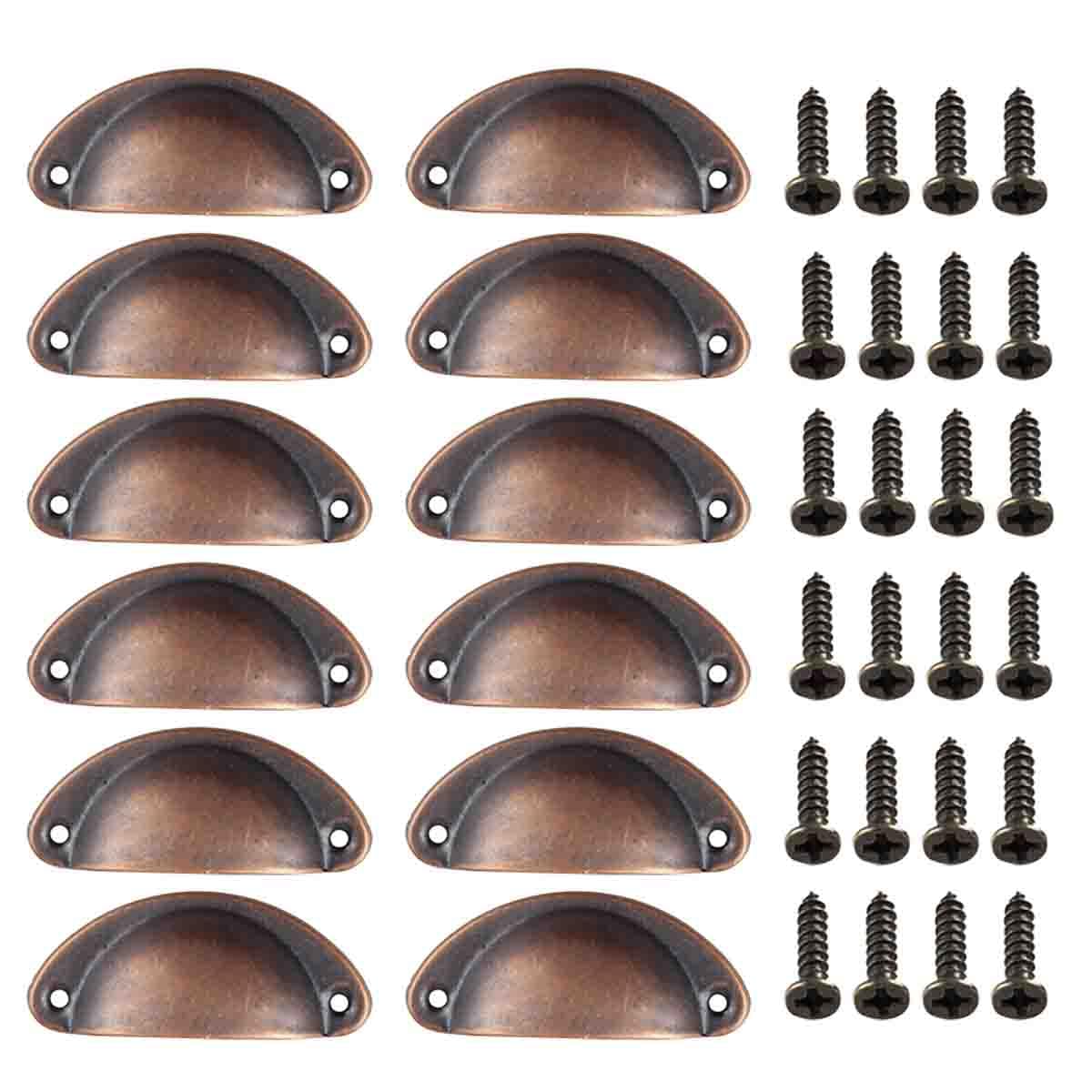 Fayvosiue 12 PCS Shell Cup Handle Door Drawer Chest Semi-Circular Handle Vintage Drawer Pull Handles (Red Antique Brass)