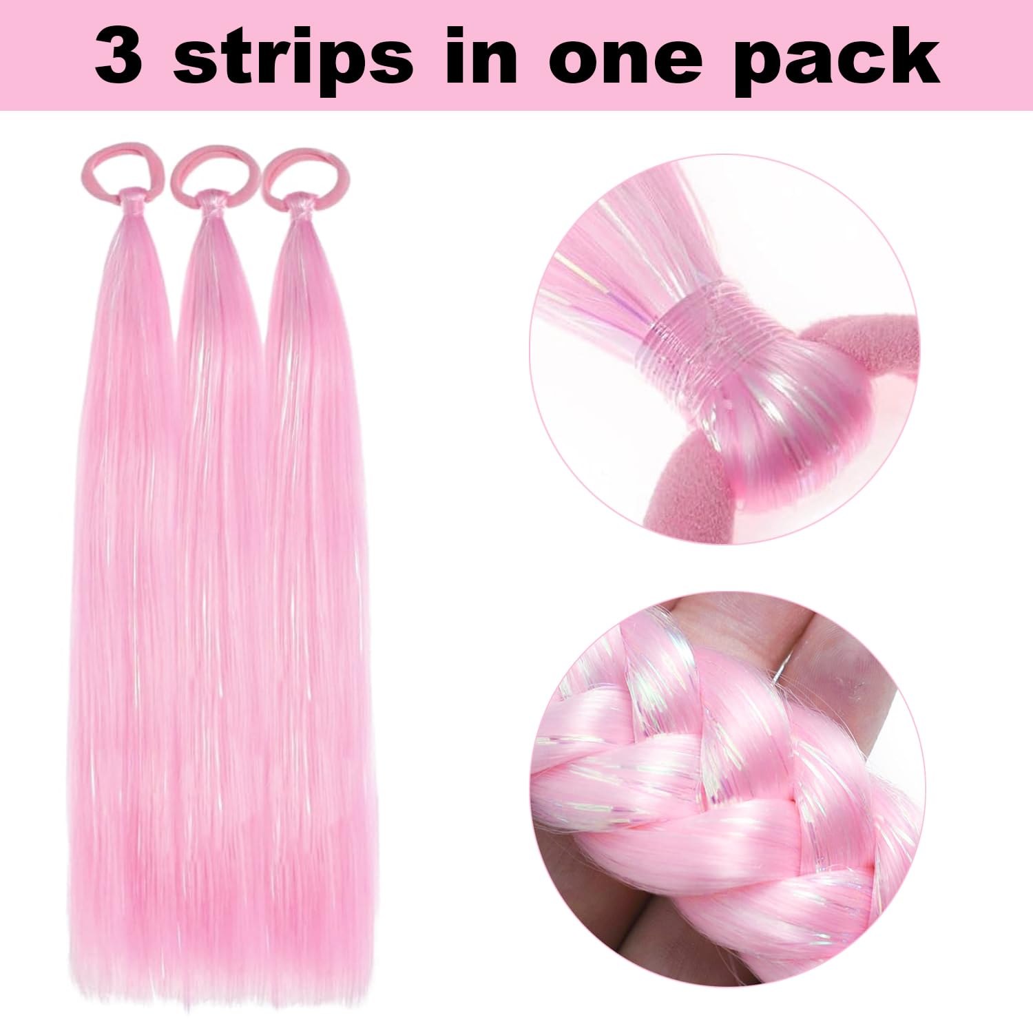 PORSMEER 3 Pack 24 Inch Hair Tinsel Colored Braided Ponytail Extension Gradient Hair Extensions with Elastic Tie Straight Sleek Wrap Around Hair for Braids (Pink) - Image 2