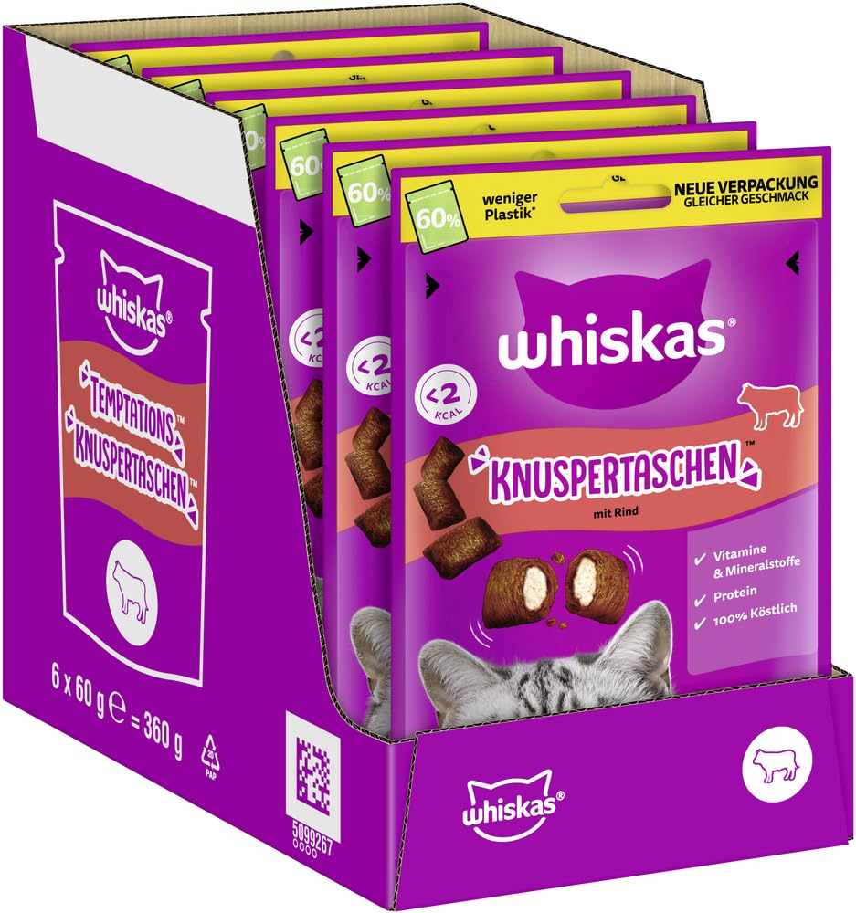WHISKAS Knuspertaschen Katzensnacks mit Rind 6 x 60g – Leckere Rind-Snacks für Katzen