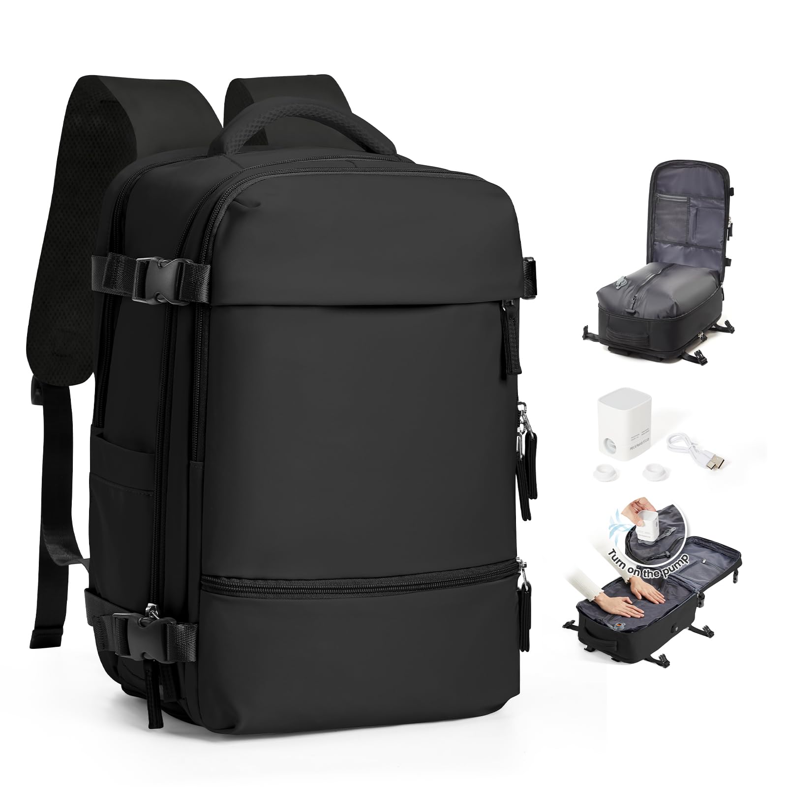 Mochila Viaje Cabina Avion 40x30x20 para Ryanair Mochilas de Vacío con Bomba Bolsa de Cabina Easyjet Equipaje de Mano para Mujer Mochila de Senderismo Mochila Impermeable Cabina Mochila,B01-Negro