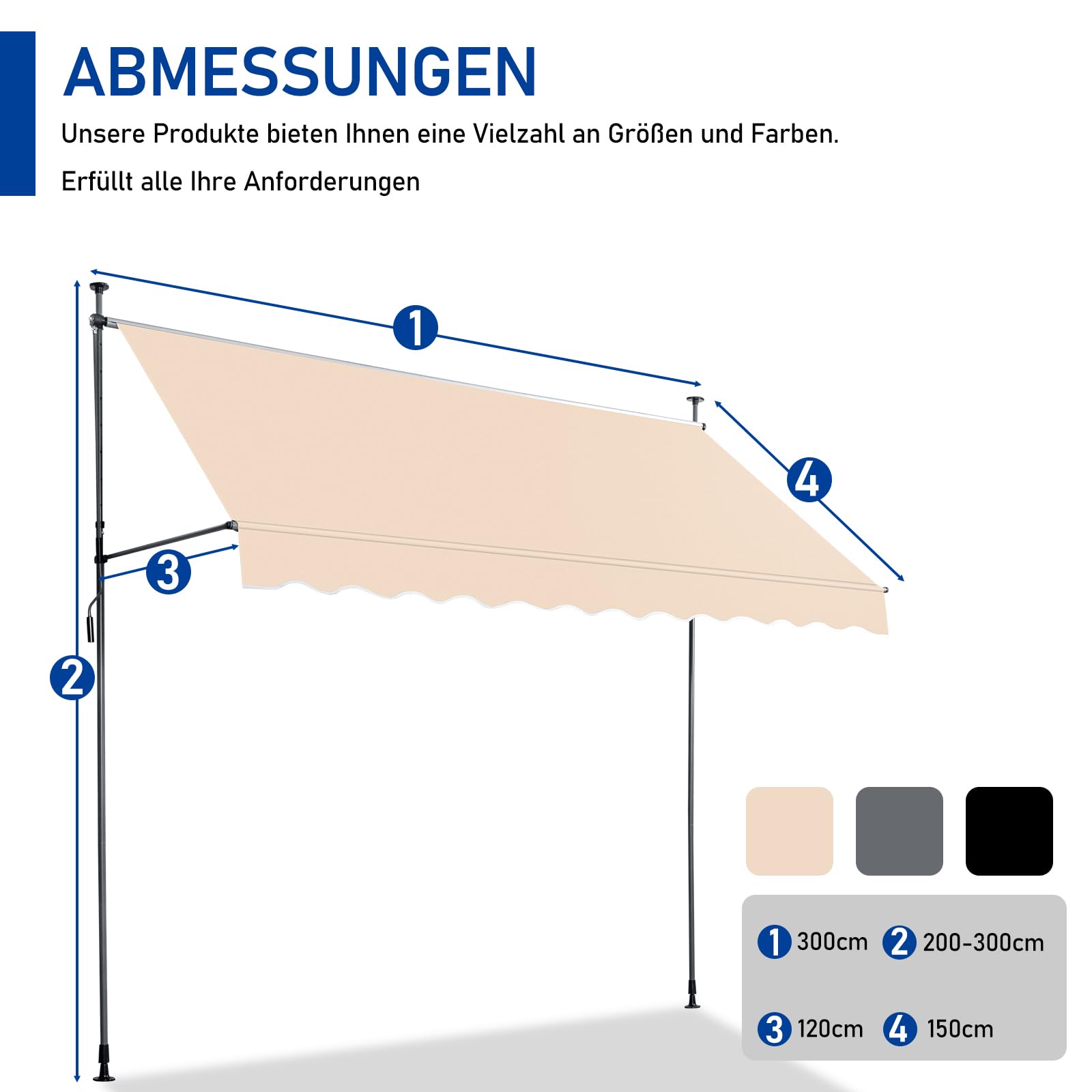 LEADZM Klemmmarkise 300 cm Breit,Balkon Markise ohne Bohren,Wasserdicht,Sonnenschutz,UV-beständig,Höhenverstellbar mit Handkurbel,für Terrasse,Balkon,Garten,Laden,Beige,Khaki