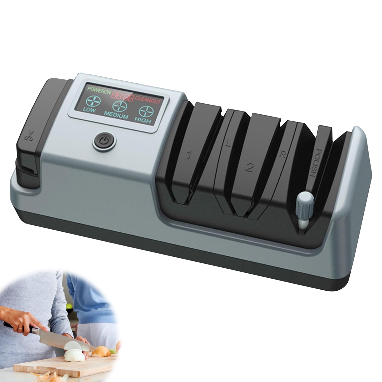 Affilacoltelli Elettrico, Affilacoltelli Multifunzione a 3 Velocità Diamantati con Display Guide Precise per Coltelli da Cucina, Forbici e Cacciaviti