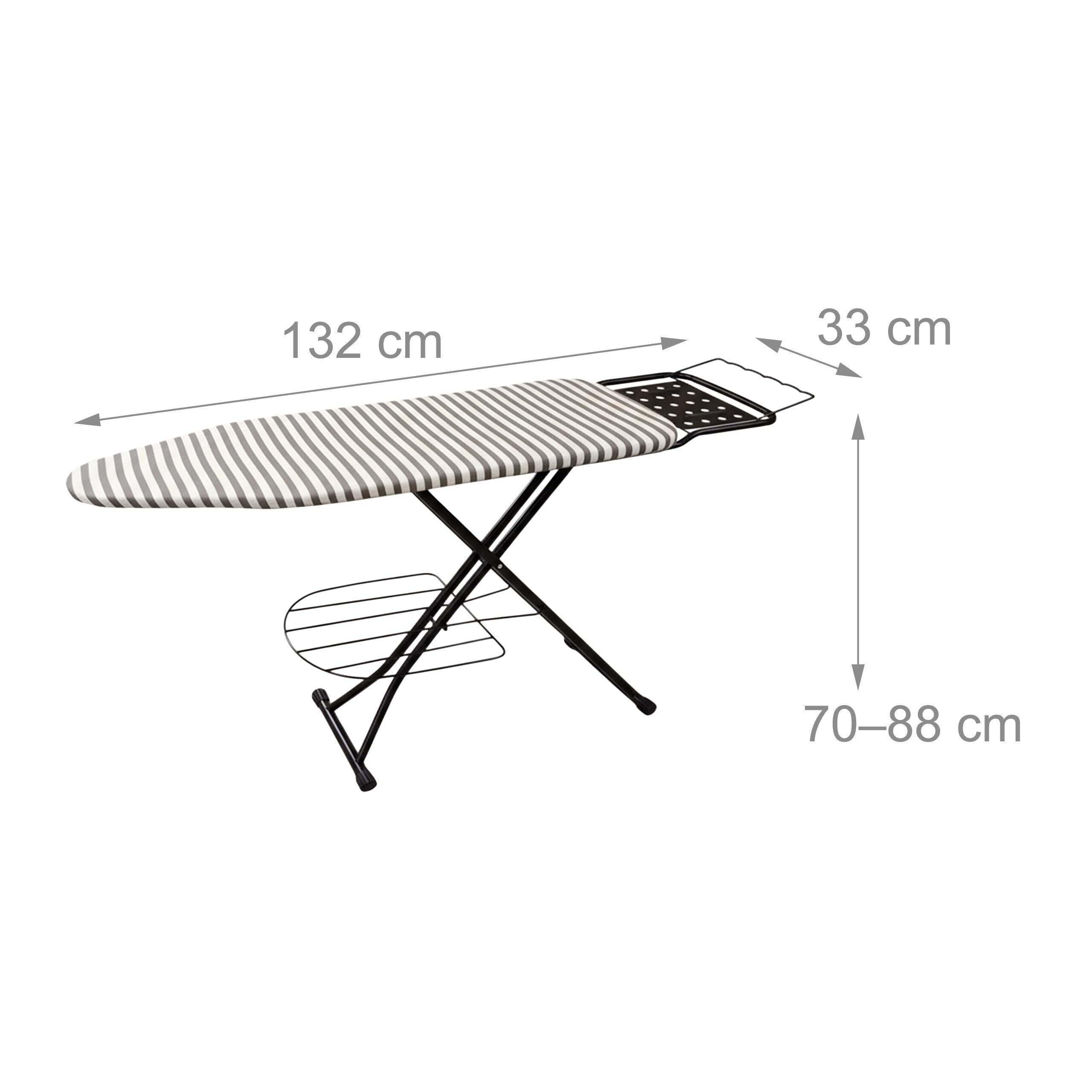 Relaxdays Bügelbrett für Dampfbügeleisen, 110x33 cm, höhenverstellbar, klappbar, Ablage, Bügeltisch gestreift, grau-weiß