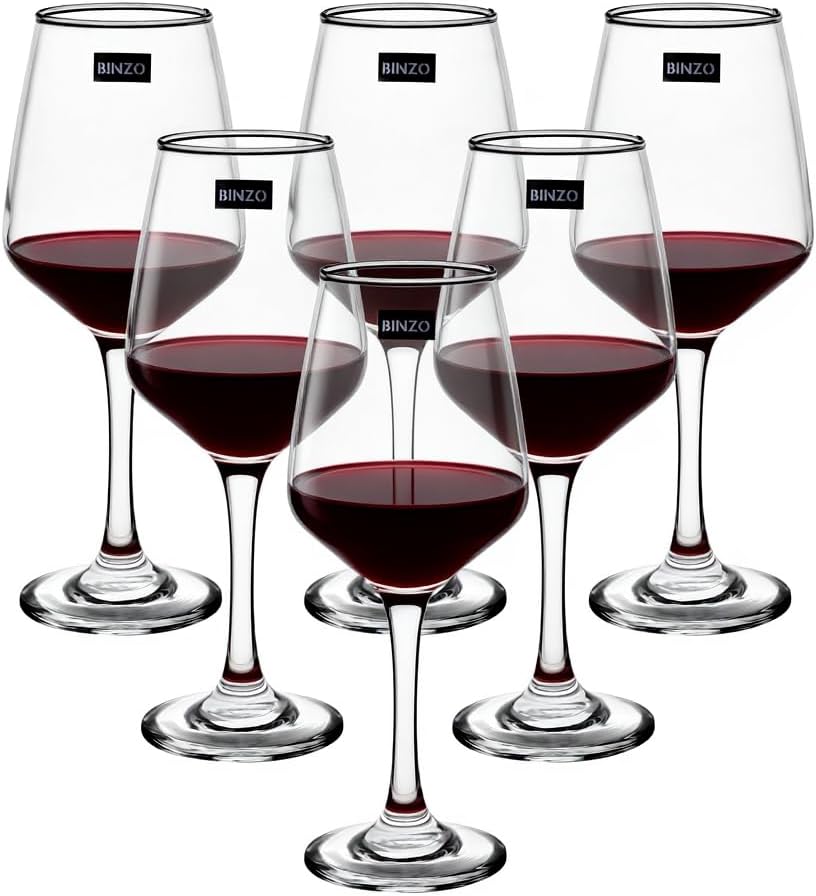 BINZO Glass Wine Glasses for Red Wines, White Wines, Set of 6, 430 ml, Dishwasher Safe, Perfect for Serving Wines, Pack of 6