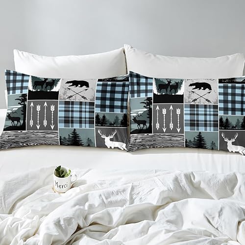 Miniatura 160 de Sábana bajera ajustable de oso de caza, juego de ropa de cama a cuadros de búfalo, sábanas de retazos de cabaña rústica para niños, niños, Multi