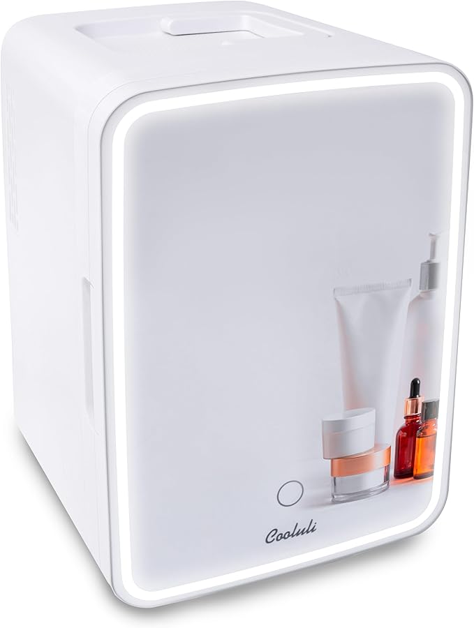 Cooluli Glow 10L Mini Skincare Fridge with Mirror & LED Light - Small Refrigerator for Skin Care, Makeup, Beauty, Cosmetics, Food & Drinks