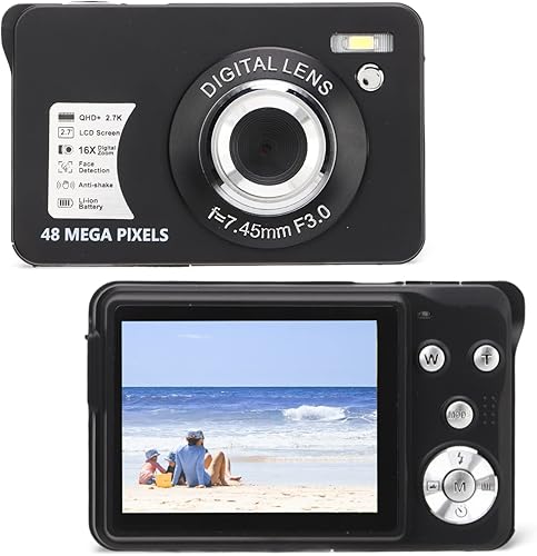 Cámara digital para adolescentes, cámara de apuntar y disparar Ultra HD de 2.7 K de 48 MP, cámara compacta LCD recargable de 2.7 pulgadas con zoom