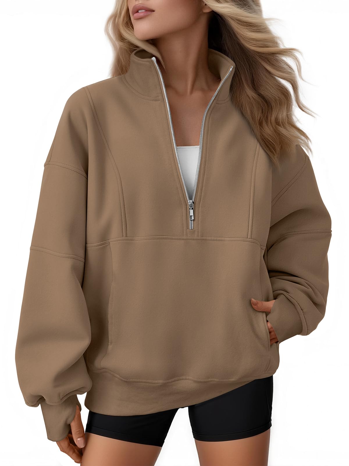 AUTOMET Women's Quarter Zip Oversized Sweatshirt Fleece Mock Neck Pullover | Half Zip, Front Pockets, Thumb Holes, Loose Mock Turtleneck Hoodies, Cozy Jackets, 2026 Fall Outfits, Winter Teacher Clothe