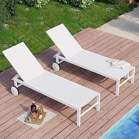 SUNLEI Patio Chaise Lounge Outdoor Set of 2, Pool Lounge Chairs for Outside w/5-Position Adjustable Backrest & All Weather, Tanning Recliner Chair for Pool Beach Deck (White, 2 Pieces) Cover
