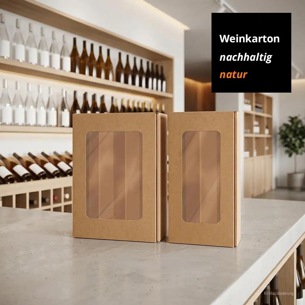 25 x Weinkarton für 2 Flaschen mit Sichtfenster – Naturbrauner Kraftkarton Geschenkverpackung für Weinflaschen – Flaschenkarton für Wein, Sekt & Spirituosen – Stabil & Präsentationsstark