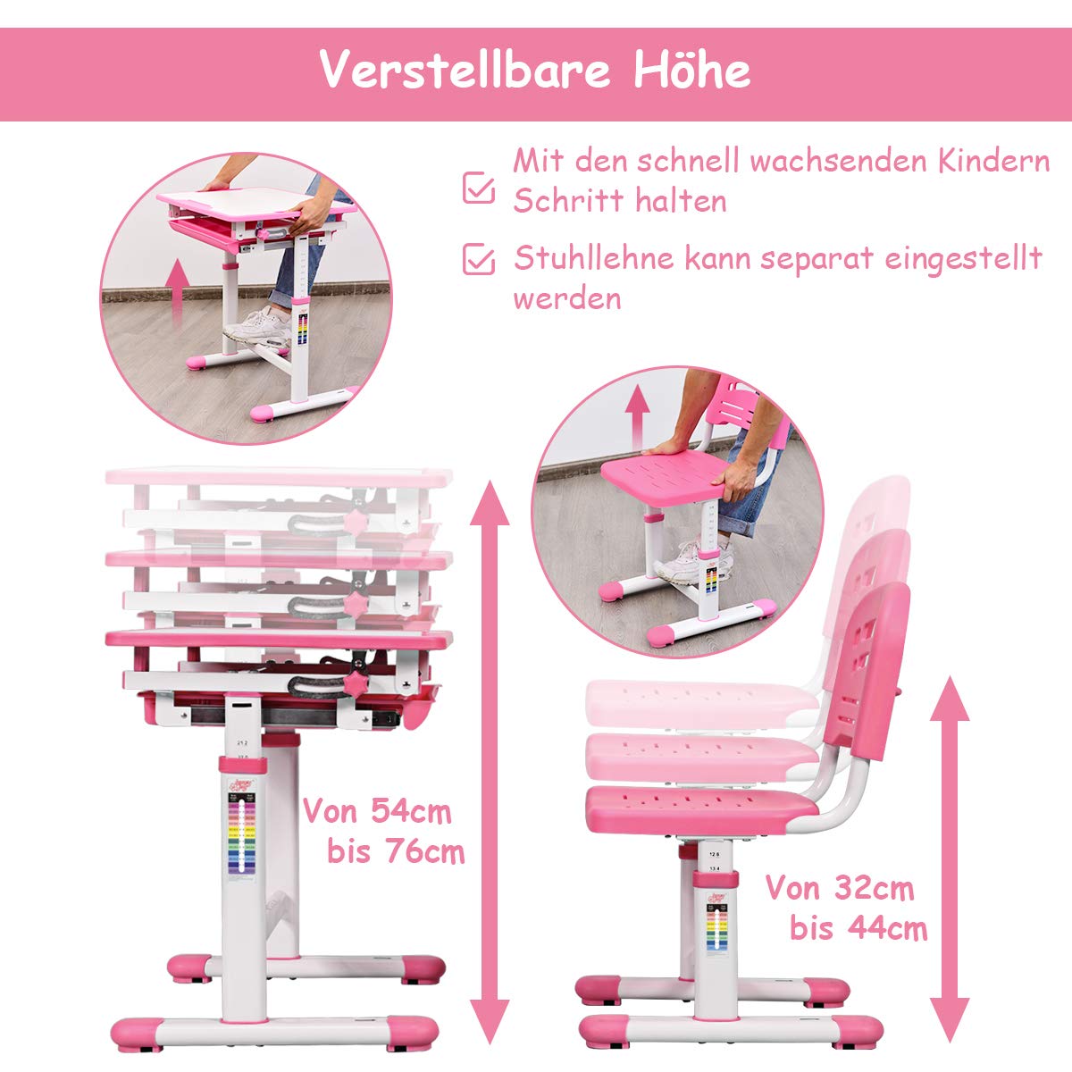 COSTWAY Set Sedia e Scrivania per Bambini Altezza e Angolo Regolabile e Multifunzionale Confortevole Apprendimento Colori Disponibili: Blu/grigio/rosa (ROSA)