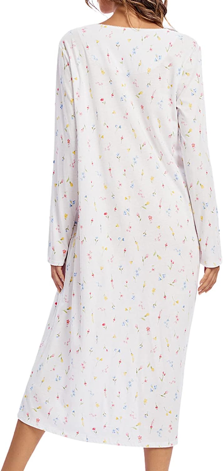 FMIRREO Long Cotton Nightgown Women's Long Sleeve Sleepwear Pleated Floral House Dress Soft Comfy Night Dress for Ladies - Image 2