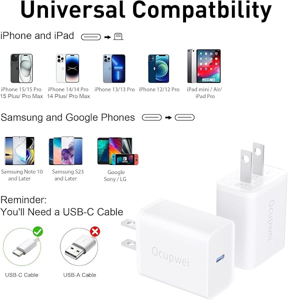 USB C Charger Block 20W, Ocupwei PD 3.0 Fast Charging Wall Charger USBC Power Adapter Type C Brick Cube for iPhone 17/Pro/Pro Max/17 Air/ 16/16 Pro/16 Pro Max/15/Plus/Pro/Pro Max [2 Pack] - 4