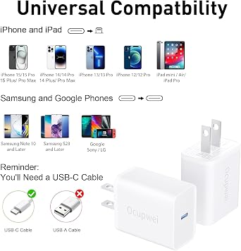 USB C Charger Block 20W, Ocupwei PD 3.0 Fast Charging Wall Charger USBC Power Adapter Type C Brick Cube for iPhone 17/Pro/Pro Max/17 Air/ 16/16 Pro/16 Pro Max/15/Plus/Pro/Pro Max [2 Pack]
