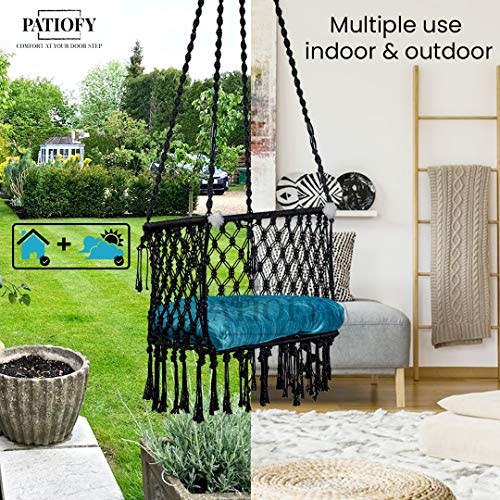 Image of Patiofy Made in India Premium Cotton C-Swing Chair for Adults, Kids Hammock-Hanging Chair Swing with Blue Color Cushion and Accessories (Black-Blue)