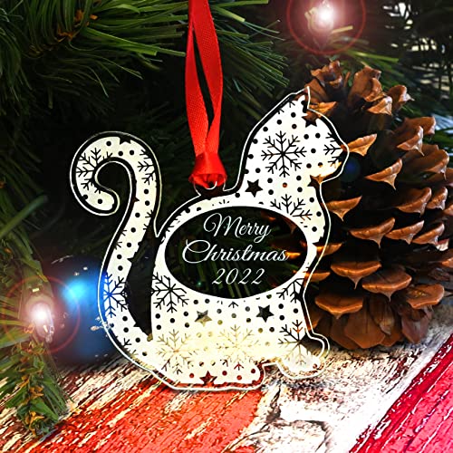 Lhs | Cat Christmas 2022 Pre-Engraved Ornament Gift Box Incld | Crystal Clear Frosted White Acrylic Cat, Pet Decorations For The Home | Made In Usa #TOP2