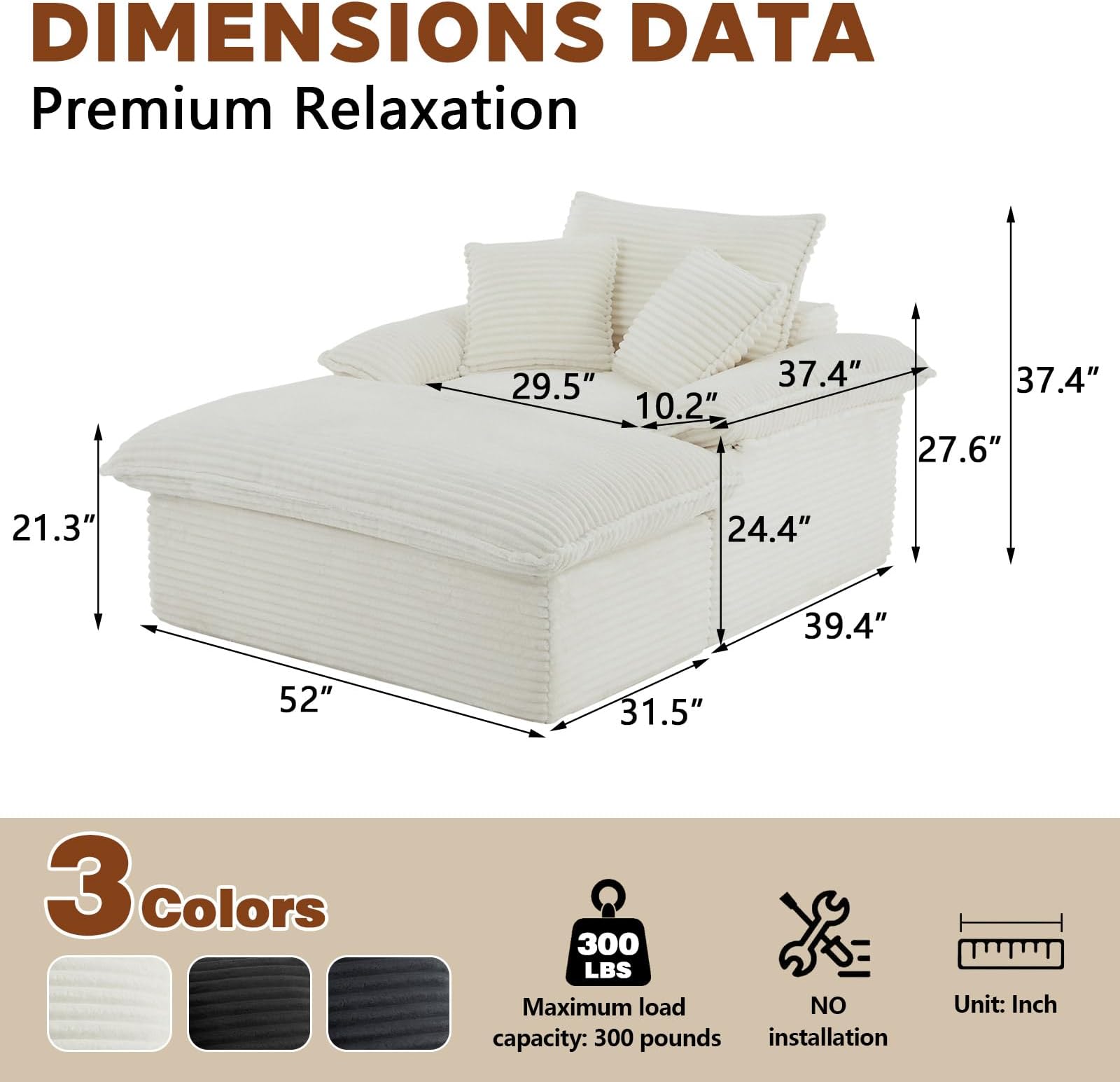 Oversized Chaise Lounge Chair Indoor, Boneless Chaise Lounges with Cup Holders & 3 Pillows, Modern Corduroy Sleeper Sofa Cloud Couch Chair with Wide Arms, No Assembly Required (White, 52")