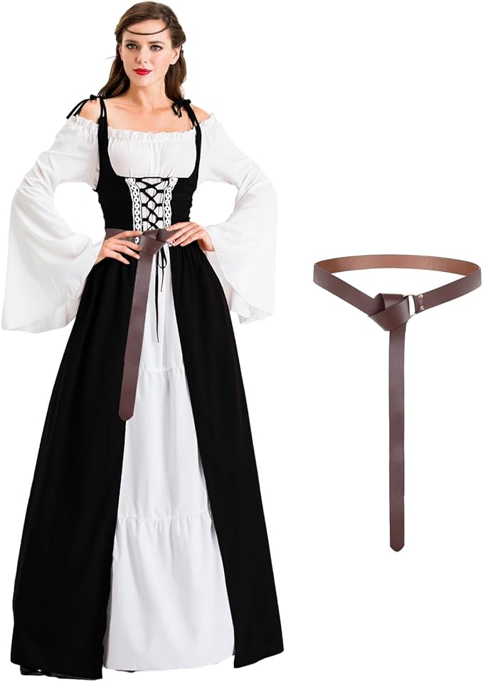 Mittelalter Gewandung für Edelfrauen im Renaissance Gothic Stil, mit Kapuze und Gürtel für ein schönes Schnürdesign, hohe Taille, Glockenärmel. 