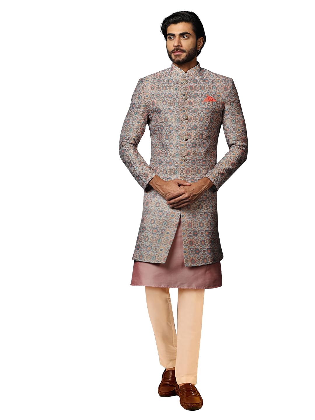 Mens Kurta Sherwani Trouser Set Silk Blend Jacquard, Indo-Western Mens Wear, Multi-image-44