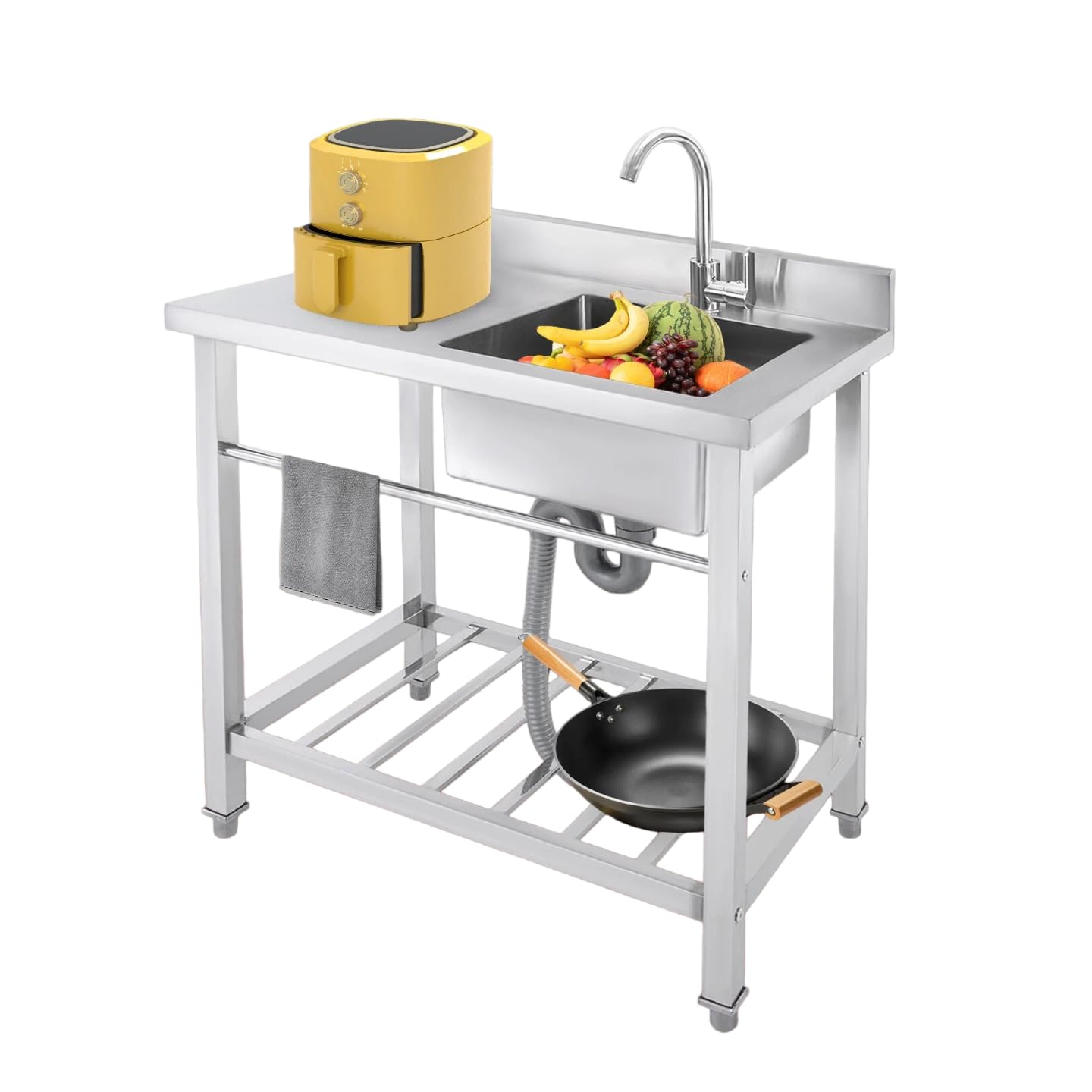 Edelstahl Spültisch, Küchenspüle mit Unterschrank, Gastrospüle Spülbecken mit Arbeitsplatte & Regal, Einzelbecken Freistehende, Arbeitstisch Waschbecken, 80x55x84cm (Rechte Spüle)