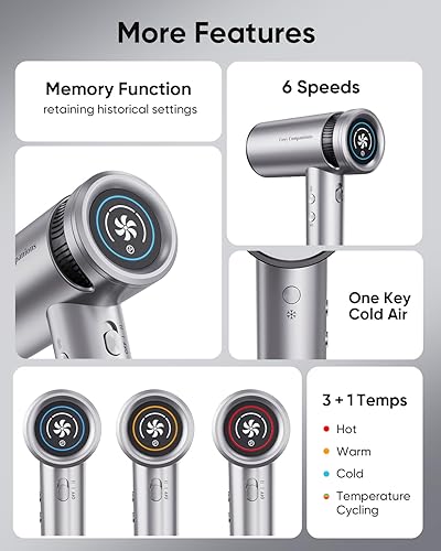 Miniatura 4 de Secador de pelo - Secador de pelo de alta velocidad de 150,000 RPM para secado rápido, 500 millones de iones negativos y termo-control y botón de