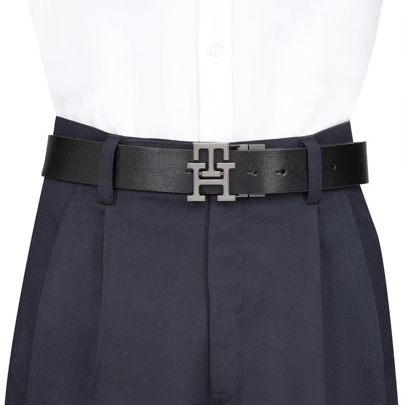 Image of Tommy Hilfiger Men's Phnom Reversible Leather Belt - Textured Style With Th Monogram And Brushed Gunmetal Finish - Semi-Formal Versatility Ideal for Gifting