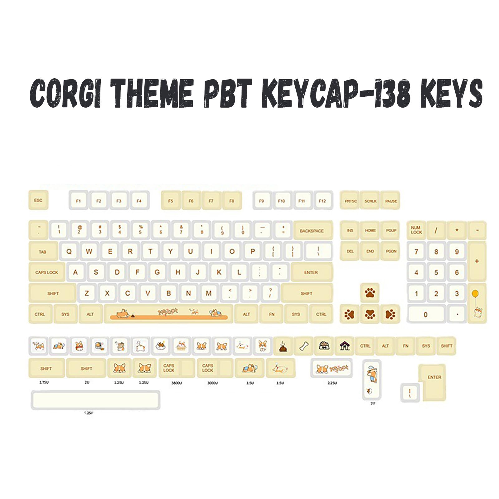 PBT Keycaps, Animal Keycaps XDA Profile Custom Cute Animal Keys do mechanicznej klawiatury, Corgi Puppy Keycaps Set 138 Keycaps Set for Mechanical Keyboards,A