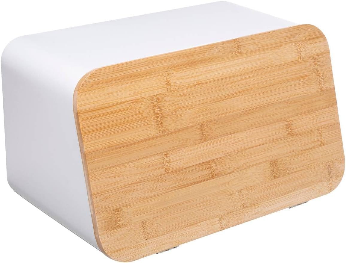 Avilia Panera con tabla de cortar – Caja para el pan con tabla de cortar de metal y bambú, 36,7 x 18,4 x 21,8 cm, blanco y marrón
