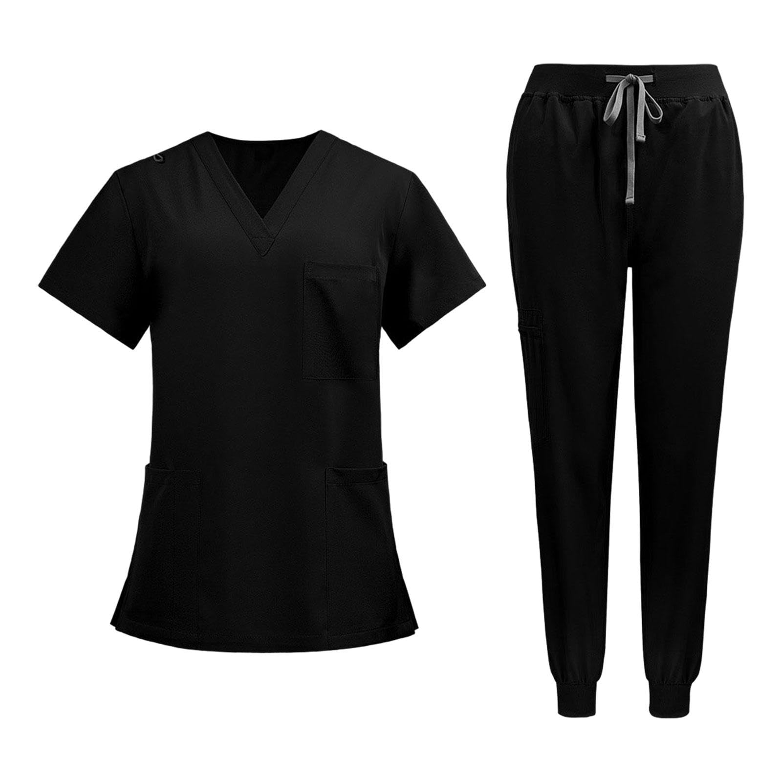Ensemble de Blouse et Pantalon de Travail pour Infirmières, Tenue de Travail à Manches Courtes et Col En V pour Animalerie et Spa, Noir, XXL