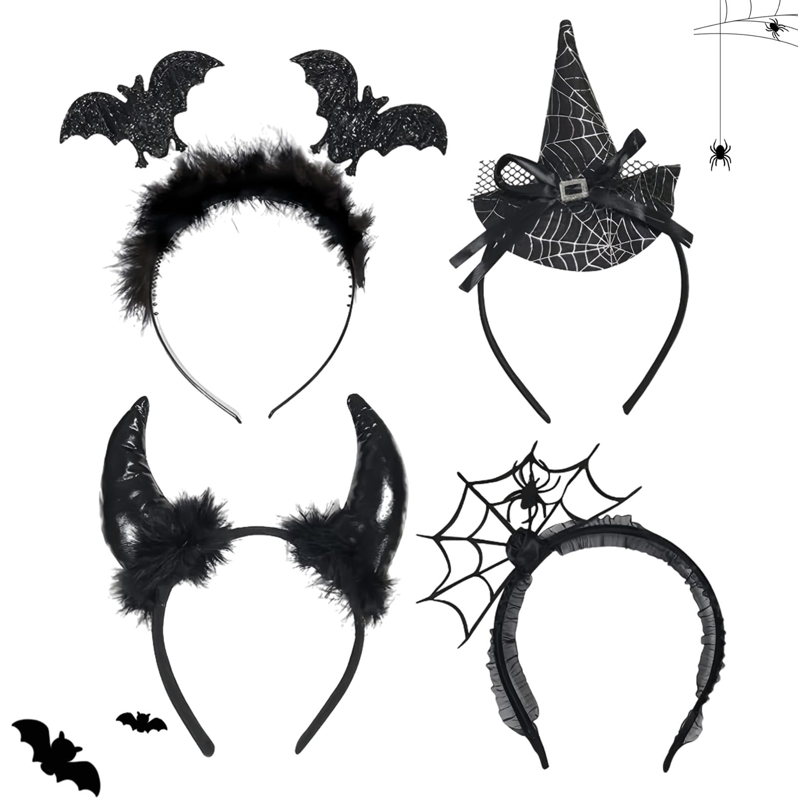 GWAWG Halloween Headbands Witch,Devil Horns Spider,Bat,Headwear for Women Kids, Adults,Party Favors,Halloween Accessories (4)
