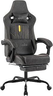 SUKIDA Gaming Stuhl Computerstuhl Ergonomischer Gaming Chair, mit Fußstütze Bürostuhl, Lendenwirbelstütze, verstellbare Armlehnen, Vintage PU Leder,grau