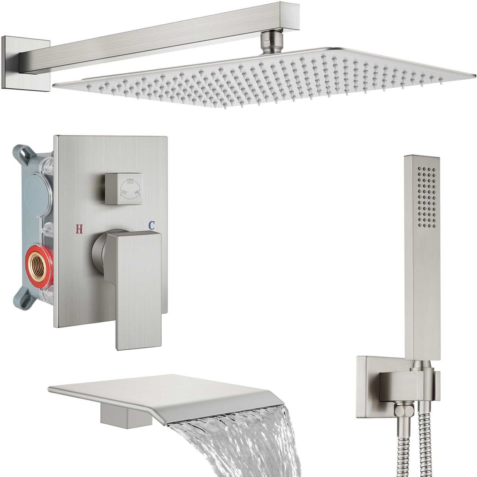 Sxithgkdw Brushed Nickel Shower System With Tub Spout,Bathtub Shower Faucet Set With Square Rainfall Head And Handheld Sprayer Wall Mount Tub Faucet Set With Valve And Trim Kit,16 Inch